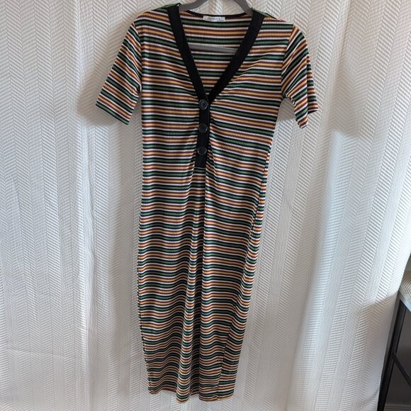 Zara NWOT Striped Stretch Midi Dress Black Green White Yellow Brown Size Medium - Picture 5 of 9